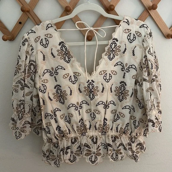 Anthropologie Cream and Black Embroidered Top - Picture 2 of 8